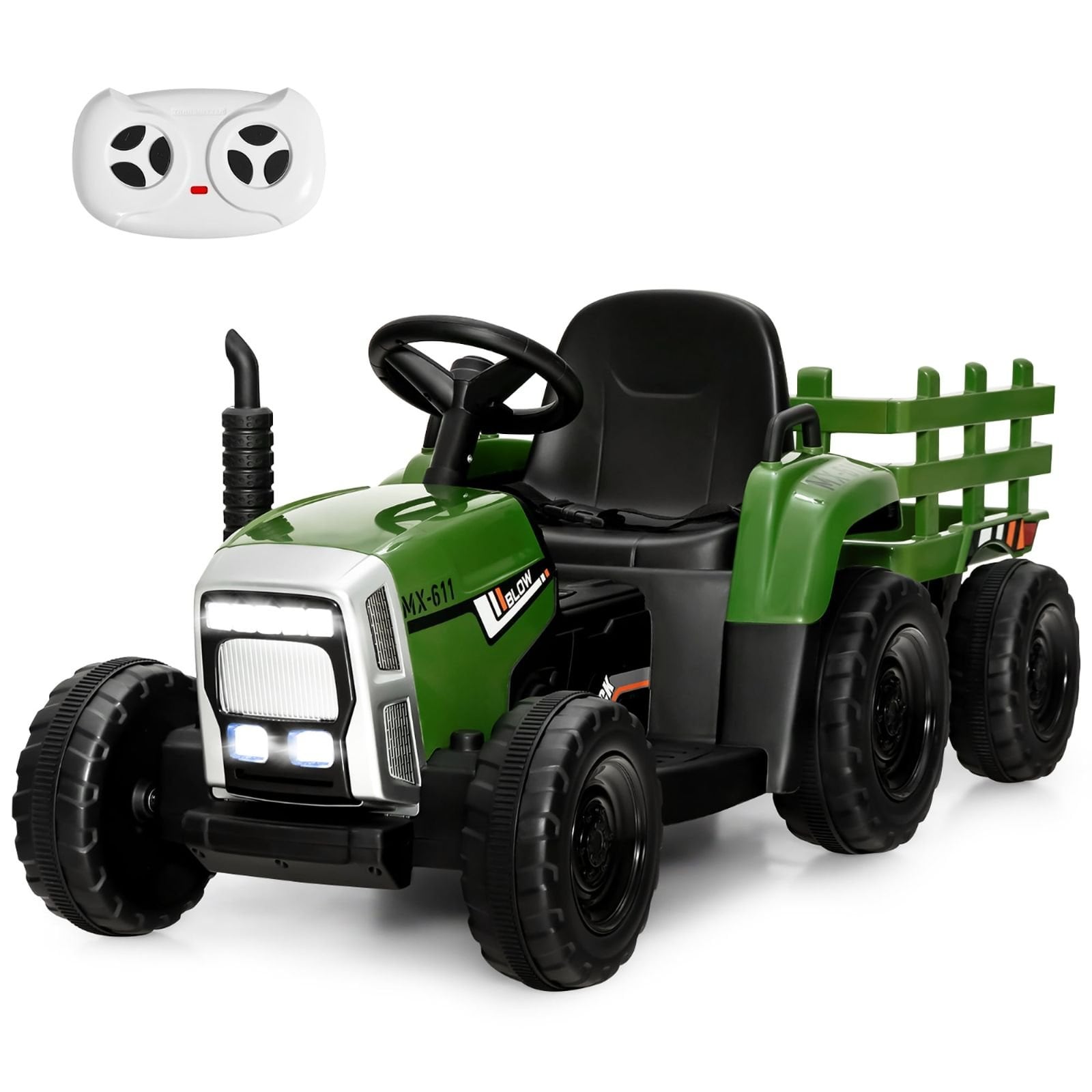 Costway 12V Kids Ride On Tractor with Trailer Ground Loader w/ RC & Lights Dark Green – Brand New