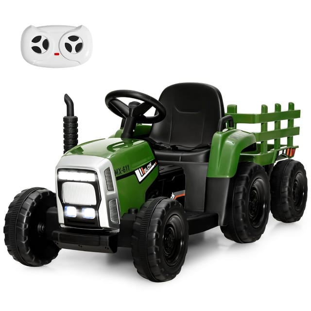Costway 12V Kids Ride On Tractor with Trailer Ground Loader w/ RC & Lights Dark Green – Brand New