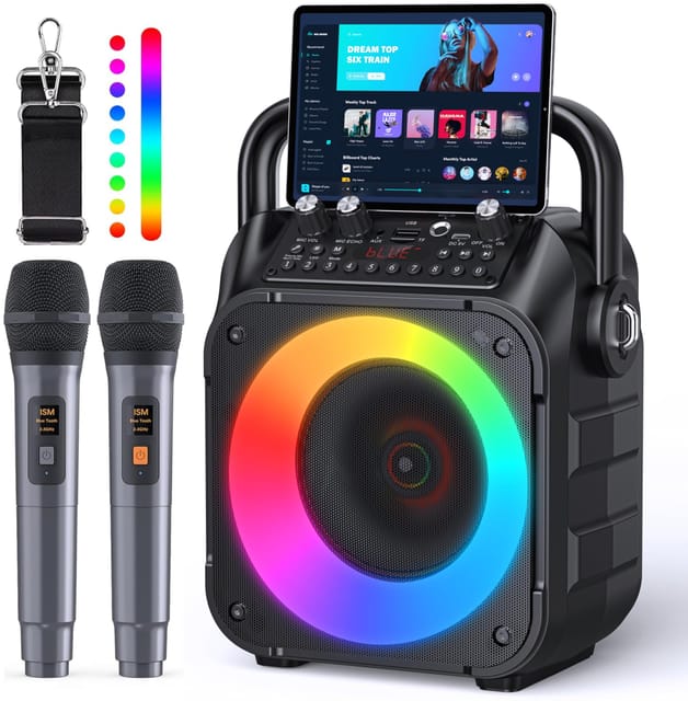 CYY Karaoke Machine, Portable Bluetooth Speaker with 2 Wireless Microphones Immersive Sound, 5 Light Modes, PA System, TWS USB TF AUX FM, for Adults and Kids, Home Party, Outdoor, Home System Packages