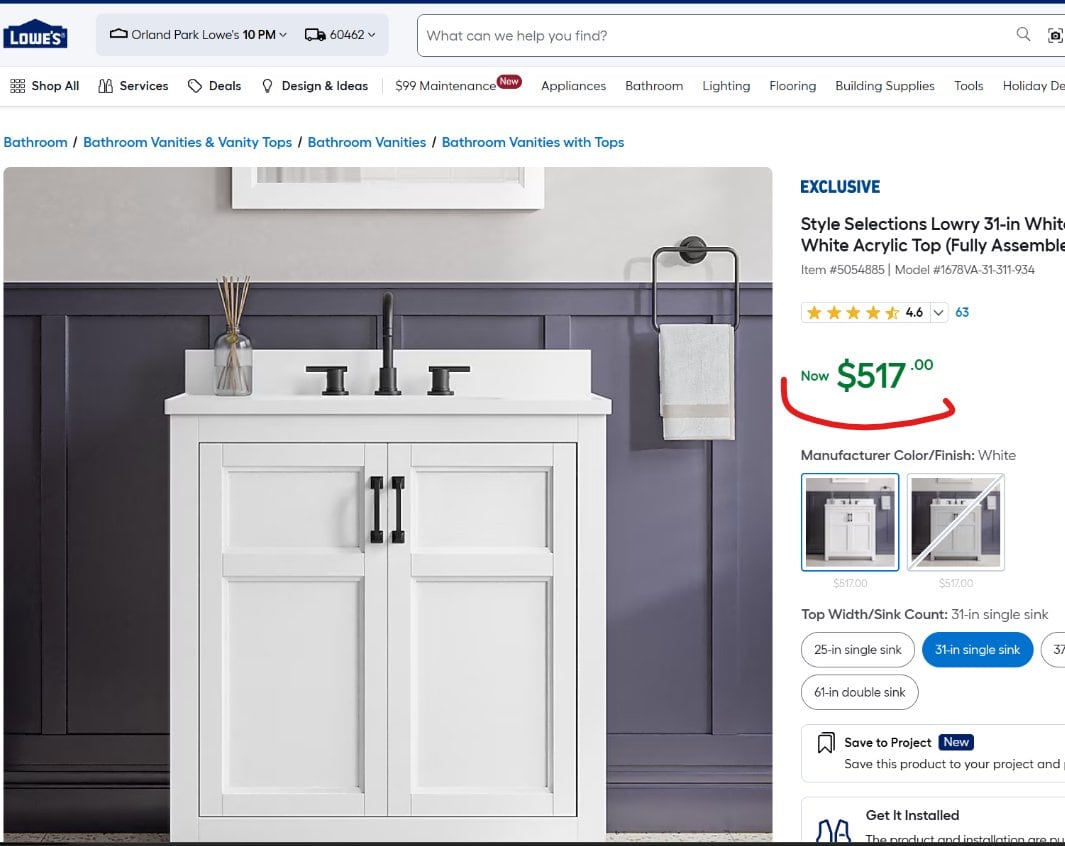 31" Lowry White Single Sink Bathroom Vanity – Used – Good