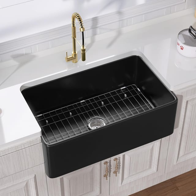 30" x 18" Undermount Single Bowl Matte Black Fireclay Farm Sink – New