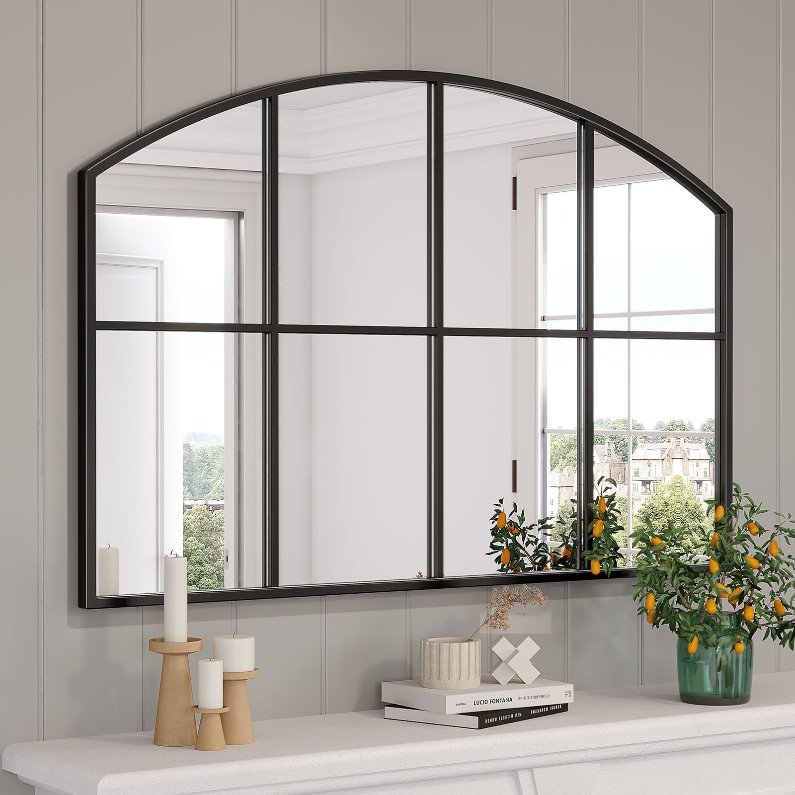 42" x 28" Black Arched Window Pane Mirror – Open Box